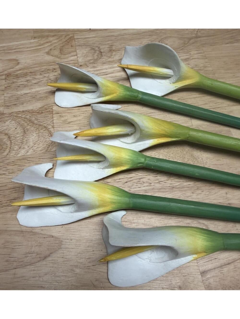 6 Wooden Calla Lillie’s Lily Long Stem Hand Painted 19 To 20” White Yellow Green